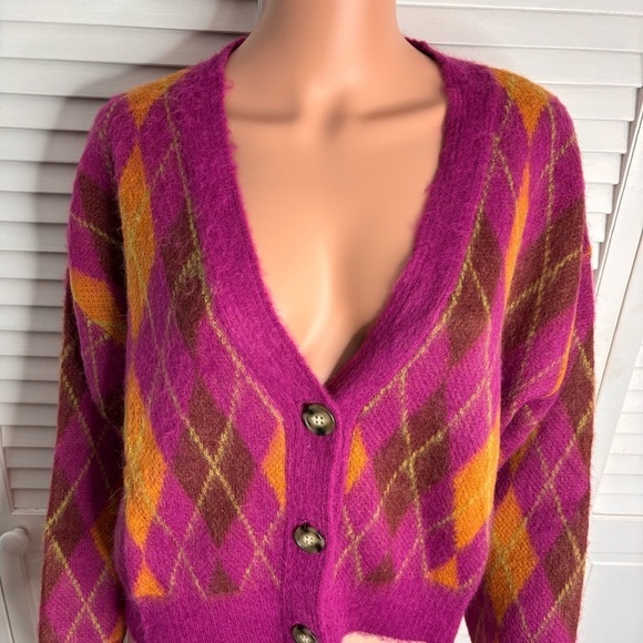 DAYDREAMER Fuchsia Sunset Argyle Cardigan Size Small - Picture 3 of 9